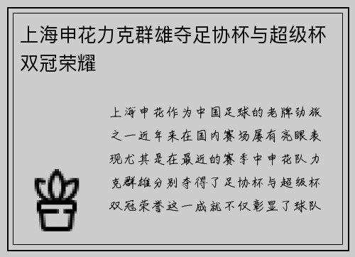 上海申花力克群雄夺足协杯与超级杯双冠荣耀